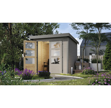 Abri de jardin avec porte double et fenêtres dans le jardin
