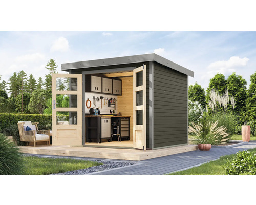 Abri de jardin Karibu Metalwood 3B tôle gris alu 266 x 236,5 cm gris terre Abri de jardin moderne avec portes en bois ouvertes et établi