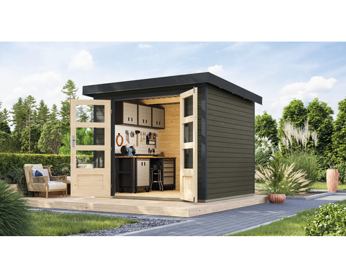 Abri de jardin Karibu Metalwood 3B tôle anthracite 266 x 236,5 cm gris terre Scène de jardin avec abri de jardin en bois, établi et décoration de jardin