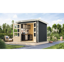 Modernes Gartenhaus mit Werkbank, Werkzeugwand und Doppeltür