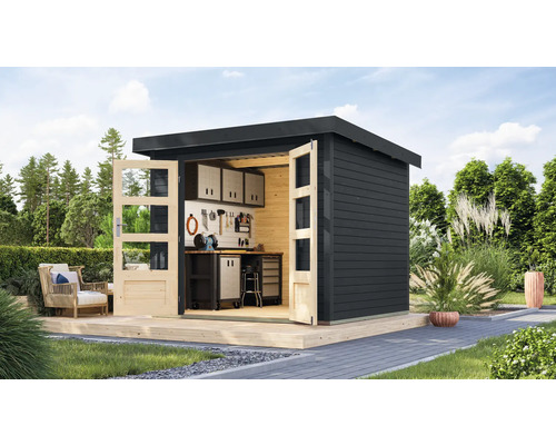 Abri de jardin Karibu Metalwood 3C tôle anthracite 266 x 236,5 cm anthracite Abri de jardin avec établi, outils et portes ouvertes sur terrasse dans le jardin
