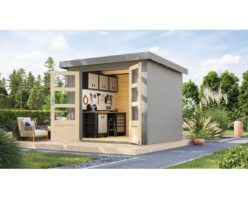 Abri de jardin Karibu Metalwood 3D tôle gris alu 266 x 236,5 cm gris eau Abri de jardin moderne avec aménagement d''atelier et portes ouvertes sur une terrasse en bois
