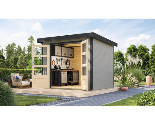 Gartenhaus Karibu Metalwood 3D Blech anthrazit 266 x 236,5 cm wassergrau Gartenhaus mit Werkbank, Regalen und geöffneten Türen in einem gepflegten Garten