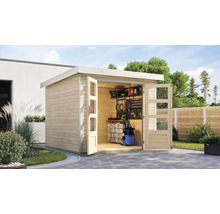 Abri de jardin en bois avec portes doubles ouvertes, équipé d''outils et d''étagères