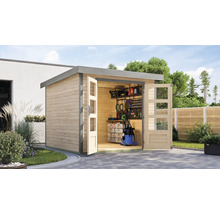 Abri de jardin en bois avec portes ouvertes et outils à l''intérieur