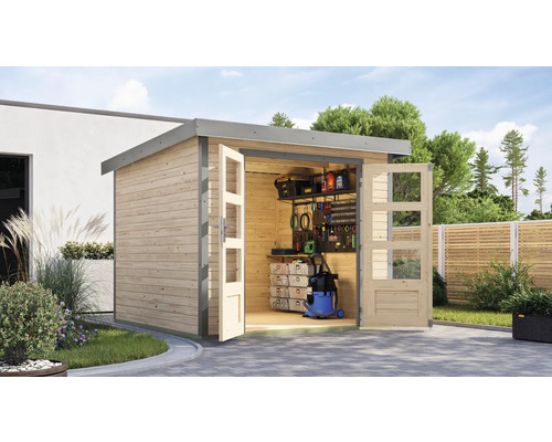 Abri de jardin Karibu Metalwood 3,5A tôle gris alu 266 x 266,5 cm nature Abri de jardin en bois avec portes ouvertes et outils à l''intérieur