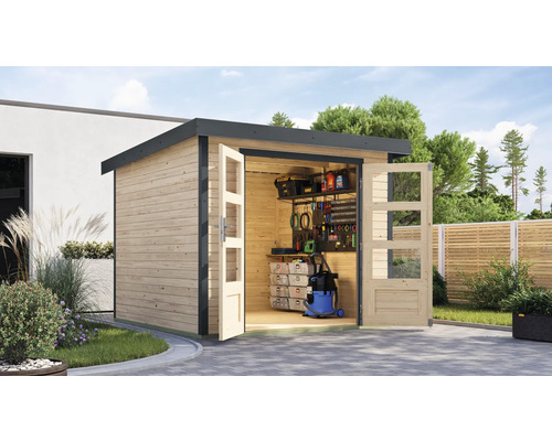 Abri de jardin Karibu Metalwood 3,5A tôle anthracite 266 x 266,5 cm nature Abri de jardin en bois avec portes doubles ouvertes et intérieur organisé