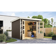 Abri de jardin avec portes doubles ouvertes et intérieur avec étagères et outils