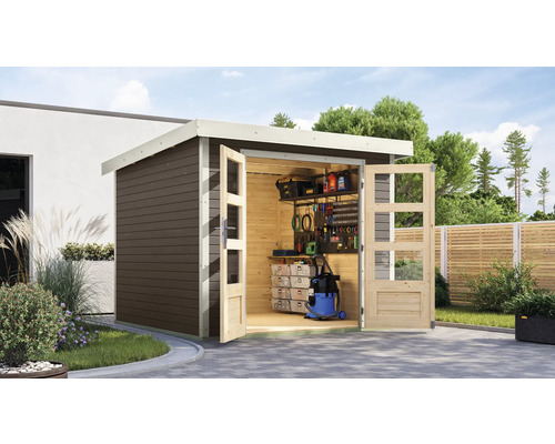 Abri de jardin Karibu Metalwood 3,5B tôle blanc 266 x 266,5 cm gris terre Abri de jardin avec portes doubles ouvertes et intérieur avec étagères et outils