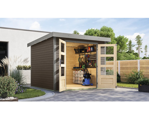 Abri de jardin Karibu Metalwood 3,5B tôle gris alu 266 x 266,5 cm gris terre Abri de jardin avec portes doubles ouvertes, étagères et outils de rangement
