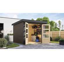 Abri de jardin en bois avec portes ouvertes et outils à l''intérieur