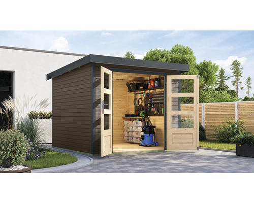 Gartenhaus Karibu Metalwood 3,5B Blech anthrazit 266 x 266,5 cm terragrau Holzgartenhaus mit geöffneten Türen und Werkzeugen im Inneren