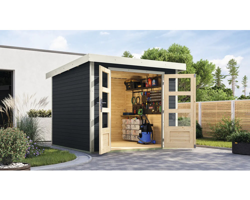 Abri de jardin Karibu Metalwood 3,5C tôle blanc 266 x 266,5 cm anthracite Abri de jardin moderne avec portes doubles ouvertes et outils pour le stockage