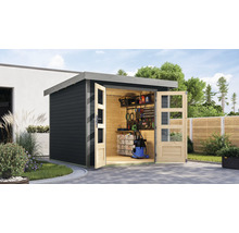 Abri de jardin avec portes doubles ouvertes et étagère