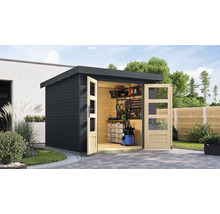 Abri de jardin avec portes doubles ouvertes et outils