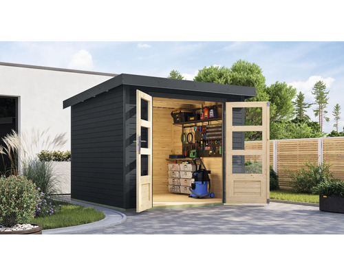 Gartenhaus Karibu Metalwood 3,5C Blech anthrazit 266 x 266,5 cm anthrazit Gartenhaus mit geöffneten Doppeltüren und Werkzeugen