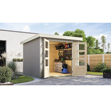 Scène de jardin avec remise à outils avec portes doubles ouvertes et outils