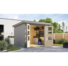 Armoire de jardin avec portes doubles ouvertes, étagère et outils à l''intérieur