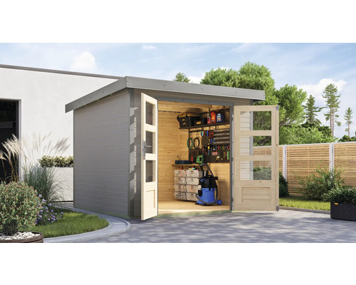 Gartenhaus Karibu Metalwood 3,5D Blech graualu 266 x 266,5 cm wassergrau Gartenschrank mit geöffneten Doppeltüren, Regal und Werkzeugen im Inneren