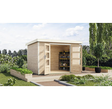 Holzgartenhaus mit geöffneten Türen und Aufbewahrungssystem im Innenraum