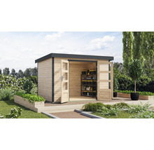 Gartenhaus aus Holz mit Doppeltür und Regalen zur Aufbewahrung von Gartengeräten und Werkzeugen.