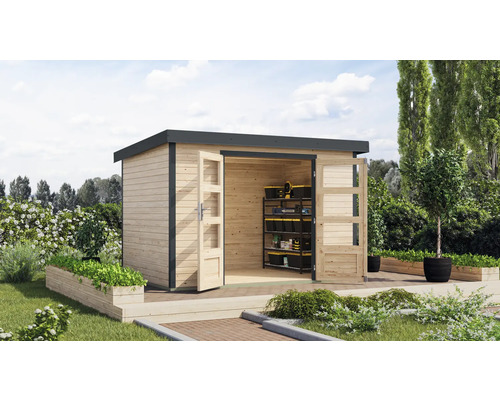 Abri de jardin Karibu Metalwood 4A tôle anthracite 322 x 236,5 cm nature Abri de jardin en bois avec double porte et étagères pour ranger les outils de jardin et l''outillage.