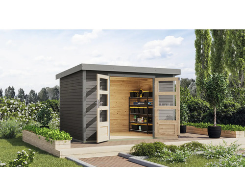 Abri de jardin Karibu Metalwood 4B tôle gris alu 322 x 236,5 cm gris terre Abri de jardin en bois avec portes doubles et étagères dans le jardin.