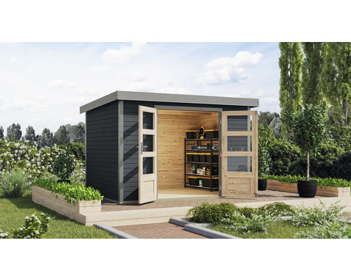 Abri de jardin Karibu Metalwood 4C tôle gris alu 322 x 236,5 cm anthracite Abri de jardin avec portes doubles et étagères pour le rangement dans le jardin