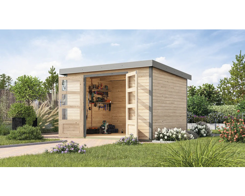 Abri de jardin Karibu Metalwood 5A tôle gris alu 320,5 x 266,5 cm nature Abri de jardin en bois avec outils et portes ouvertes dans le jardin