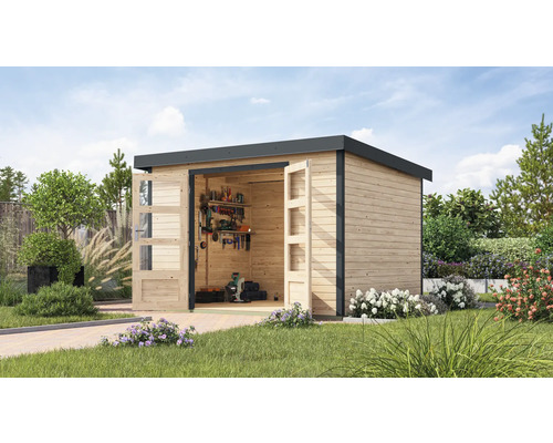 Abri de jardin Karibu Metalwood 5A tôle anthracite 320,5 x 266,5 cm nature Abri de jardin en bois avec portes ouvertes et outils au mur