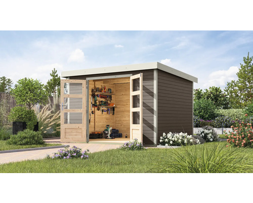 Abri de jardin Karibu Metalwood 5B tôle blanc 320,5 x 266,5 cm gris terre Abri de jardin avec portes doubles ouvertes et outils à l''intérieur