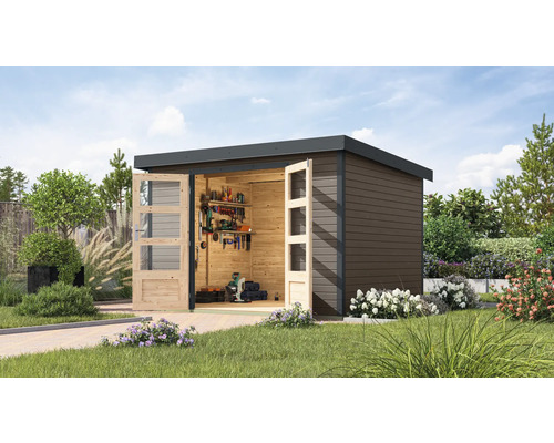 Abri de jardin Karibu Metalwood 5B tôle anthracite 320,5 x 266,5 cm gris terre Jardin avec abri de jardin avec outils et portes ouvertes