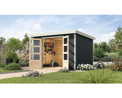 Abri de jardin Karibu Metalwood 5C tôle blanc 320,5 x 266,5 cm anthracite Abri de jardin avec portes doubles ouvertes, étagères en bois et outils dans le jardin