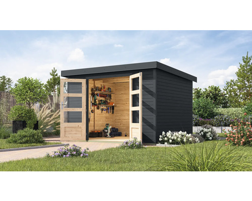Abri de jardin Karibu Metalwood 5C tôle anthracite 320,5 x 266,5 cm anthracite Abri de jardin en bois avec double porte et outils dans le jardin