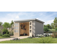 Graues Gartenhaus mit geöffneten Doppeltüren und Werkzeugen im Inneren.