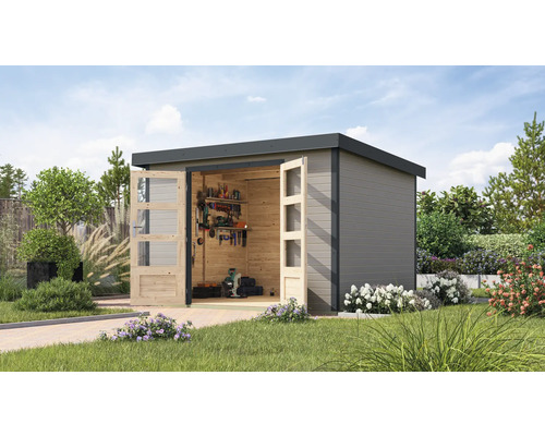 Abri de jardin Karibu Metalwood 5D tôle anthracite 320,5 x 266,5 cm gris eau Abri de jardin avec double porte à l''extérieur avec des outils et des plantes
