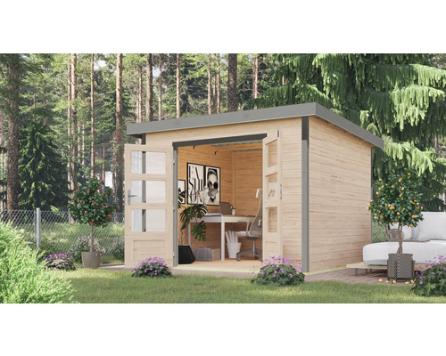 Abri de jardin Karibu Metalwood 2 6A tôle gris alu 309 x 292,4 cm nature Pavillon de jardin avec portes doubles ouvertes, aménagé en bureau de jardin