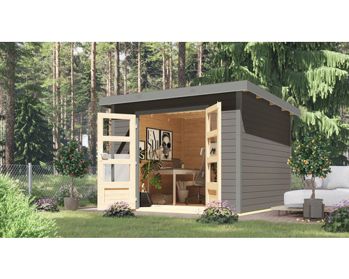 Abri de jardin Karibu Metalwood 6B tôle gris alu 309 x 292,4 cm gris terre Abri de jardin avec portes doubles ouvertes et équipement de bureau dans le jardin