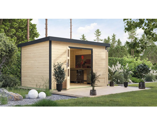 Abri de jardin Karibu Metalwood 2 7A tôle anthracite 390 x 273 cm nature Abri de jardin en bois avec portes ouvertes et établi à l''intérieur