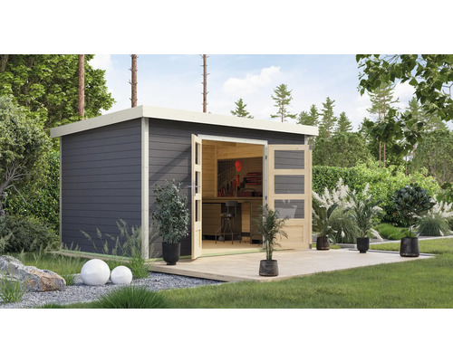 Abri de jardin Karibu Metalwood 2 7B tôle blanche 390 x 273 cm gris terre Abri de jardin avec portes doubles ouvertes et établi à l''intérieur