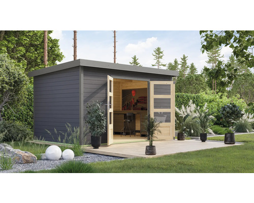Abri de jardin Karibu Metalwood 2 7B tôle gris alu 390 x 273 cm gris terre Scène de jardin avec remise à outils en bois ouverte avec établi
