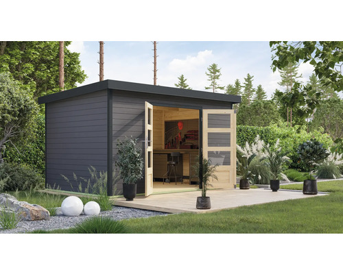 Abri de jardin Karibu Metalwood 2 7B tôle anthracite 390 x 273 cm gris terre Jardin avec cabane à outils moderne avec portes doubles ouvertes et outils