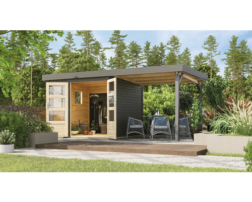 Abri de jardin avec terrasse et coin salon dans le jardin