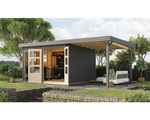 Abri de jardin Karibu Laharo 6 avec extension de toit de 2,4 m 554 x 331 cm gris Abri de jardin avec établi et terrasse couverte à l''extérieur