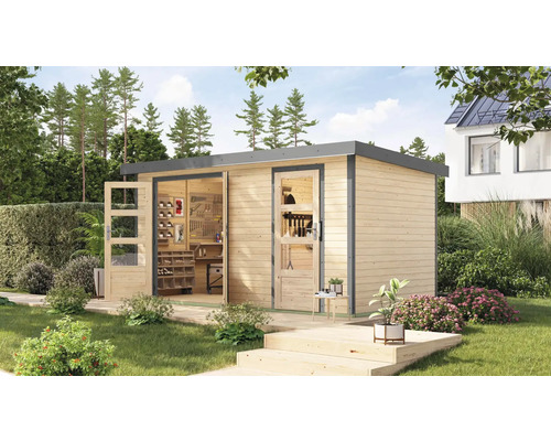 Abri de jardin Karibu Merkuras A métal gris aluminium 431,5 x 235 cm naturel Maison de jardin en bois avec porte coulissante ouverte et élément de fenêtre dans le jardin