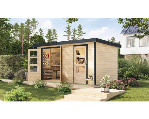Abri de jardin Karibu Merkuras A métal anthracite 431,5 x 235 cm naturel Abri de jardin en bois avec outils et étagères à l''intérieur, entouré de verdure