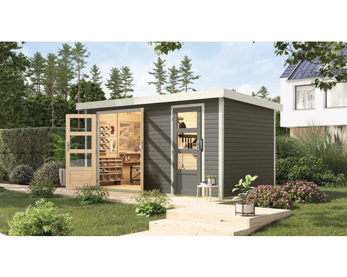 Abri de jardin Karibu Merkuras B métal blanc 431,5 x 235 cm gris terre cuite Abri de jardin moderne en bois avec établi et étagères à l''extérieur.