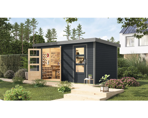 Abri de jardin Karibu Merkuras C métal gris aluminium 431,5 x 235 cm anthracite Abri de jardin moderne avec établi et étagères dans le jardin