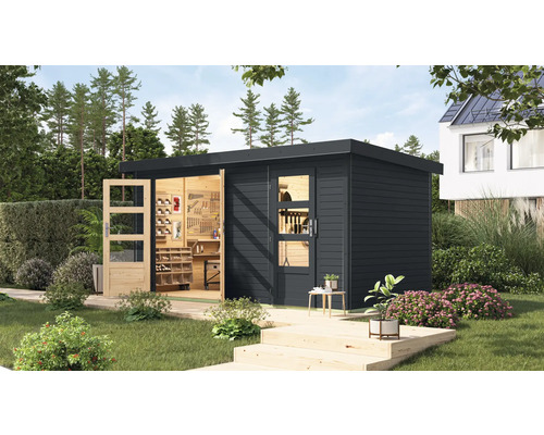 Abri de jardin Karibu Merkuras C métal anthracite 431,5 x 235 cm anthracite Scène de jardin avec remise à outils, outils, étagères et décoration de jardin.