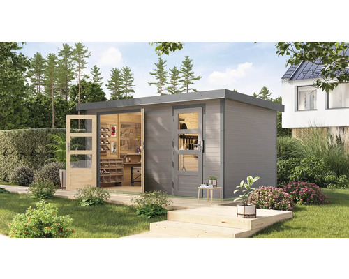 Abri de jardin Karibu Merkuras D métal gris aluminium 431,5 x 235 cm gris eau Abri de jardin moderne avec porte double et porte-fenêtre dans le jardin.